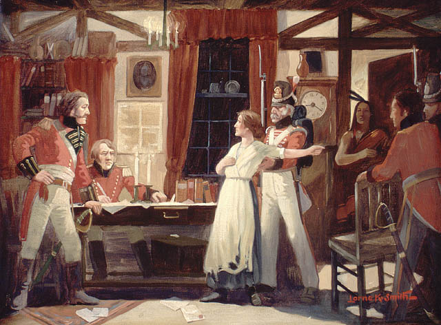 War of 1812 heroine Laura Secord warning British commander James FitzGibbon of an impending American attack at Beaver Dams.