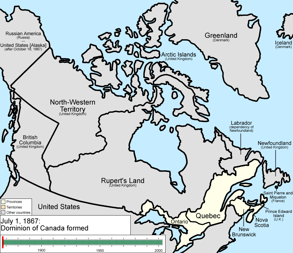 Animated map showing the growth and change of Canada's provinces and territories since Confederation in 1867.