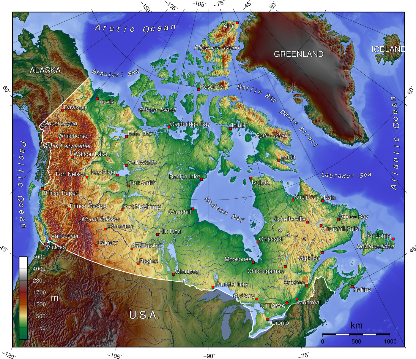 A topographic map of Canada, in polar projection (for 90° W), showing elevations shaded from green to brown (higher).