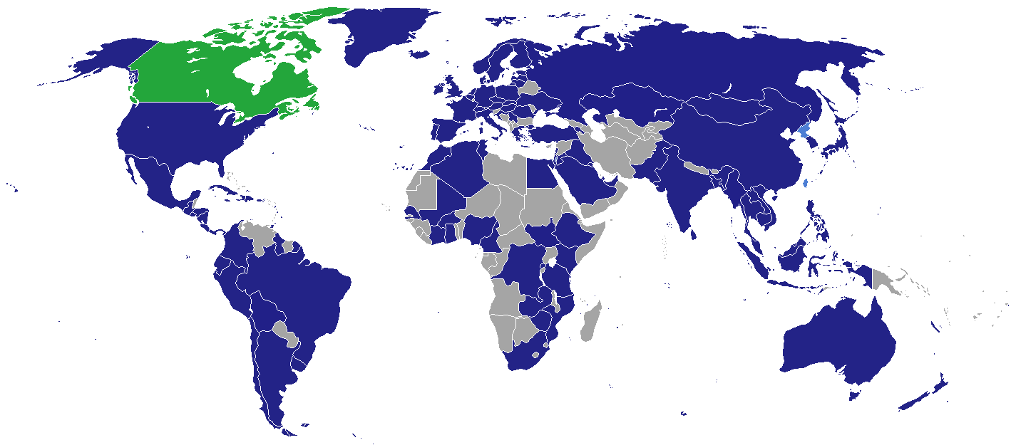 Diplomatic missions of Canada. Countries hosting a Canadian Embassy or High Commission are in dark blue; interests sections and other representations in light blue; countries without Canadian diplomatic missions in grey; Canada in green.
