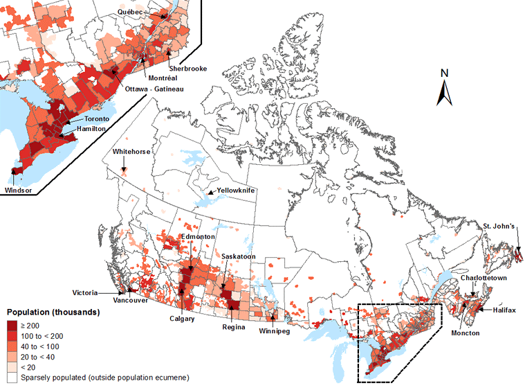 Canada population density map (2014). The Quebec City-Windsor Corridor (highlighted top left) is the most densely inhabited and heavily industrialized region.