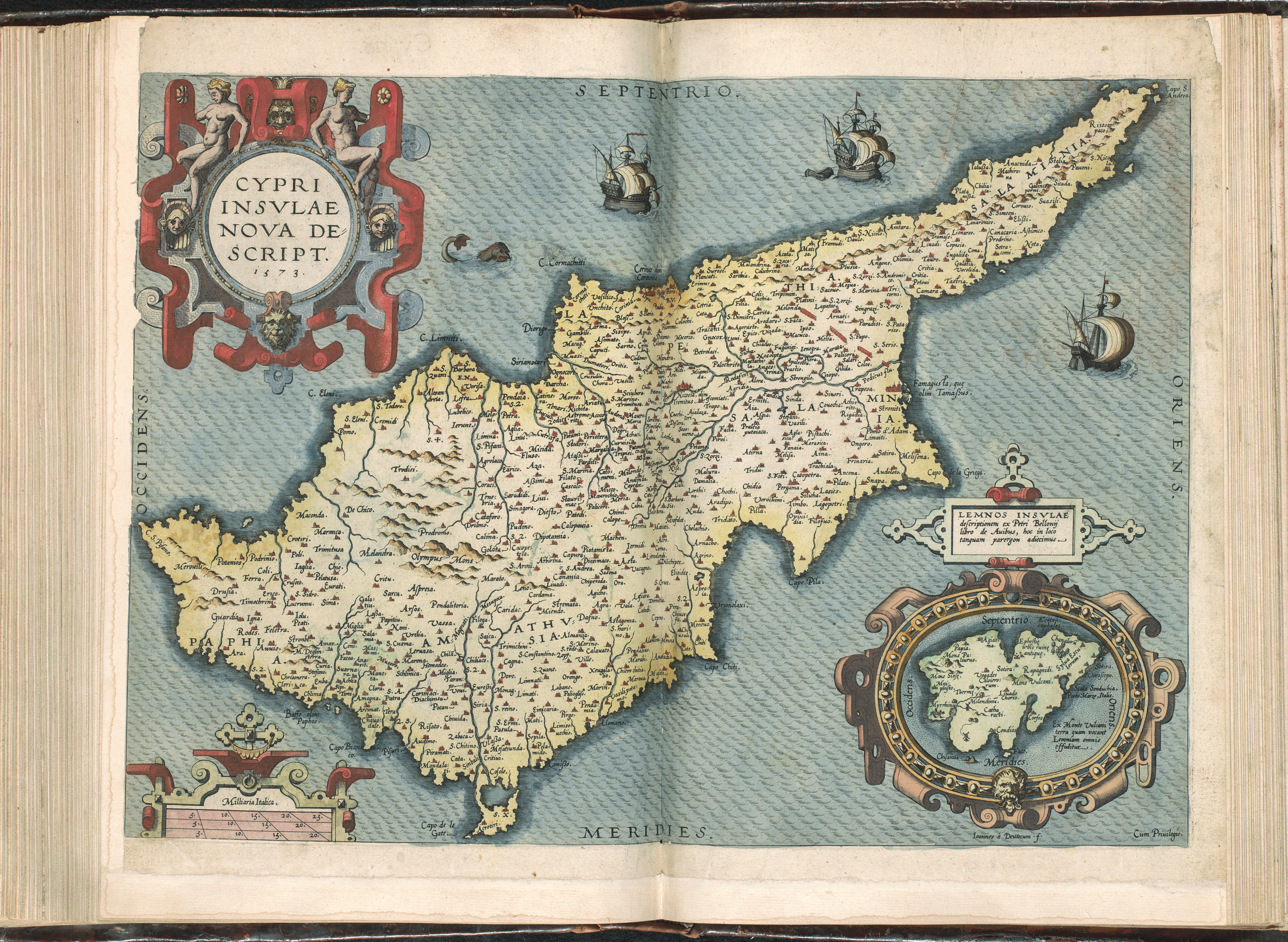 Cypri insvla nova descript 1573, Ioannes á Deutecum f[ecit]. Peta Siprus yang baru digambar oleh Johannes van Deutecom, 1573.