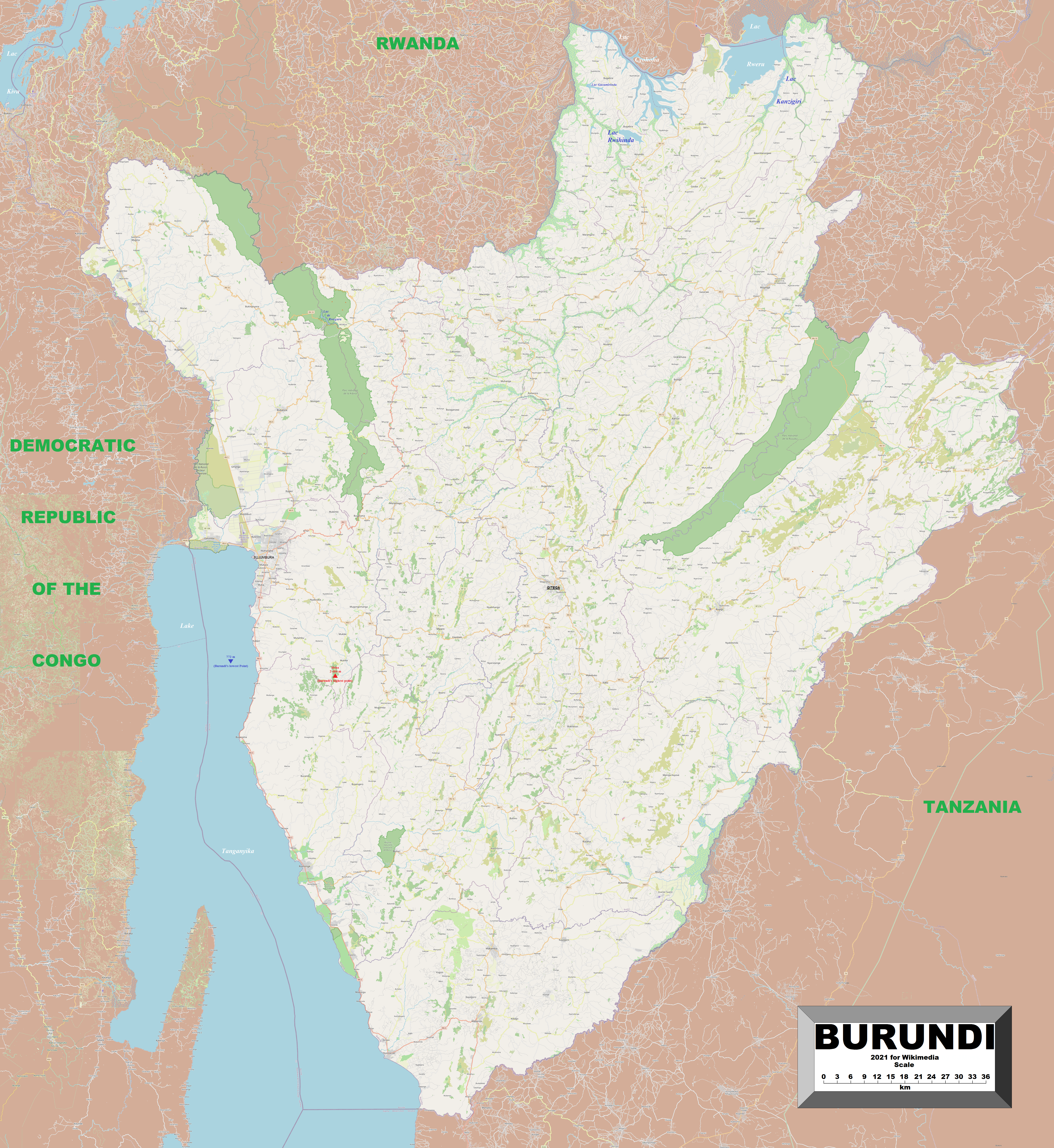 ブルンジの行政区画図(2022年提案の新制度以前)