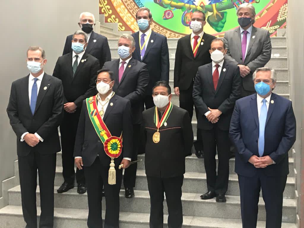 Inauguration of Luis Arce (left of center) as President of Bolivia on November 8, 2020, alongside Vice President David Choquehuanca (right of center).