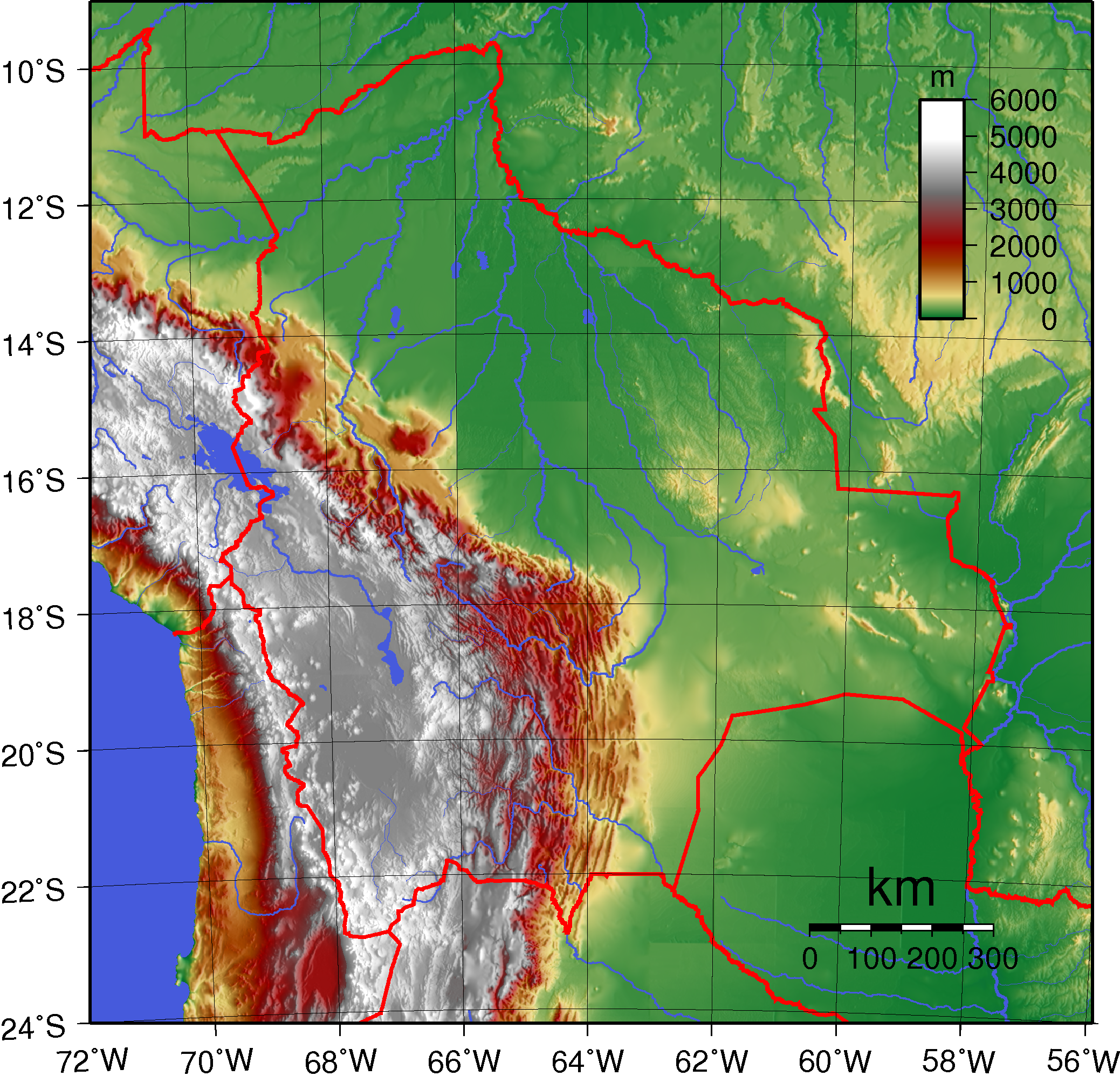 Topographical map of Bolivia, illustrating its varied physical regions.
