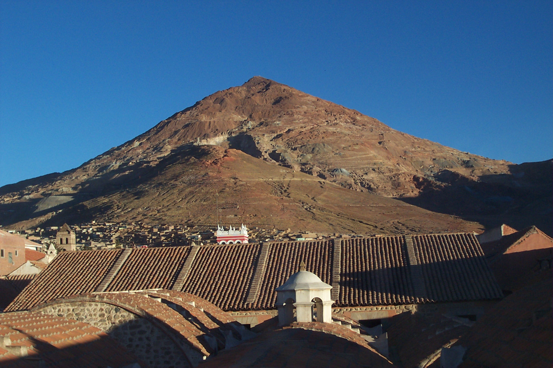 Cerro Rico in Potosí, a mountain historically rich in silver and tin, which has been mined since the colonial era and continues to be a significant mining site.