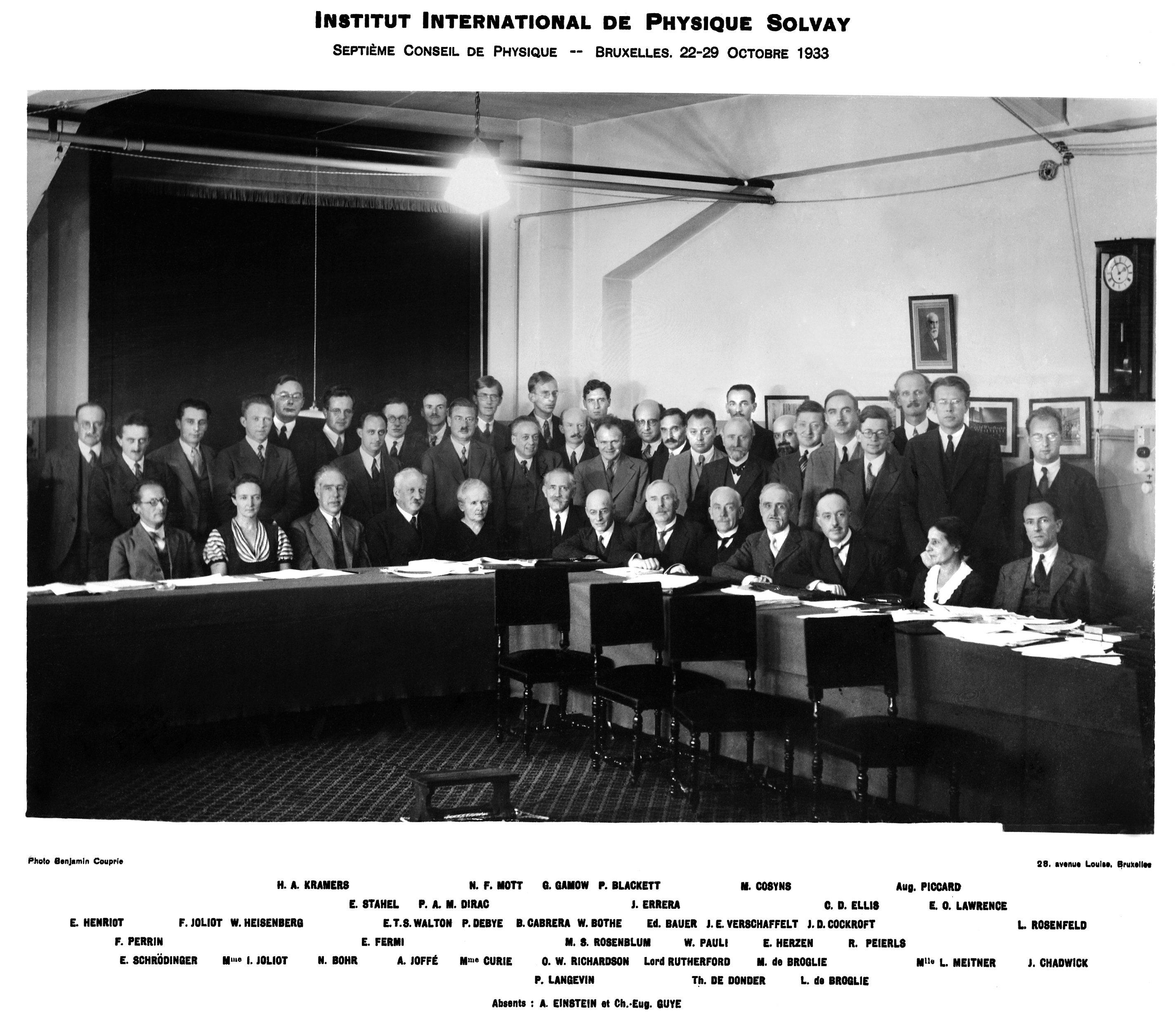 Lawrence (second from right, standing) at the 1933 Solvay Conference in Belgium.