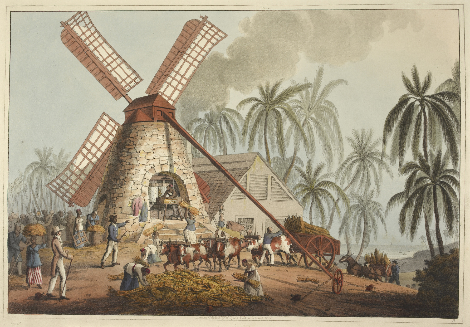 Antigua pada tahun 1823, menggambarkan pemandangan kilang gula, pusat ekonomi pada zaman penjajahan.