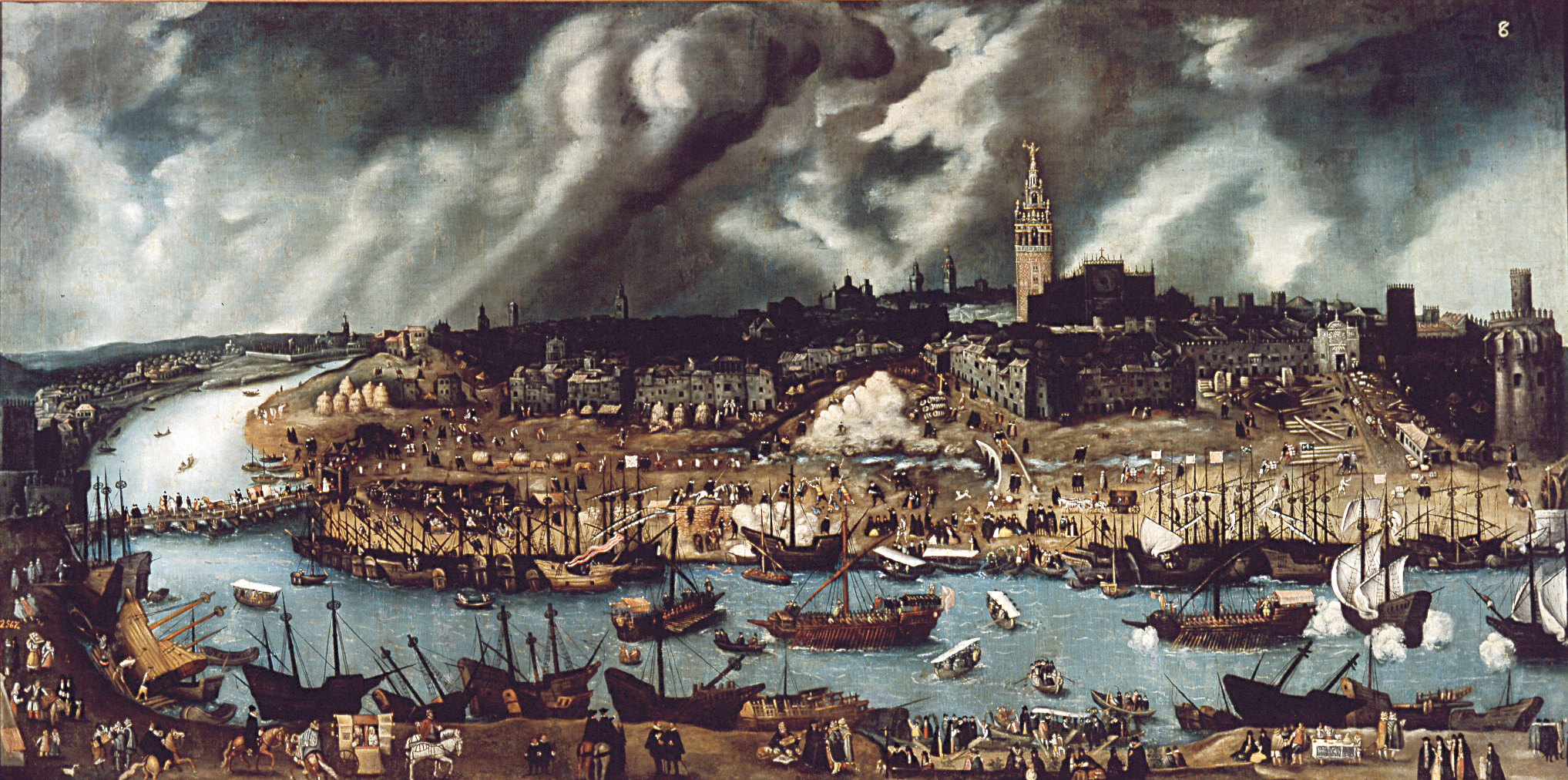 Late 16th-century Seville, the harbor enjoying the exclusive right to trade with the New World.