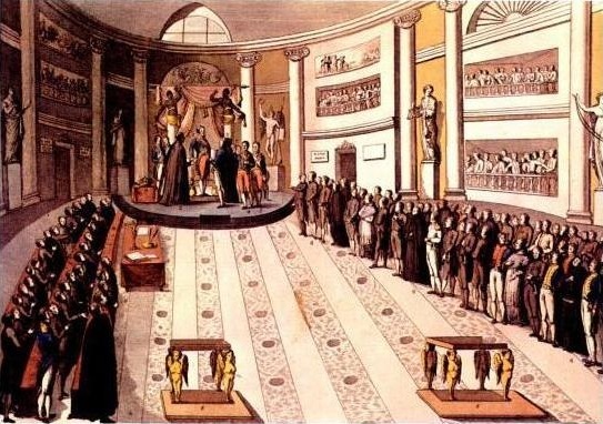 Ferdinand VII swears on the 1812 Constitution before the Cortes in 1820, a pivotal moment in the conflict between liberalism and absolutism.