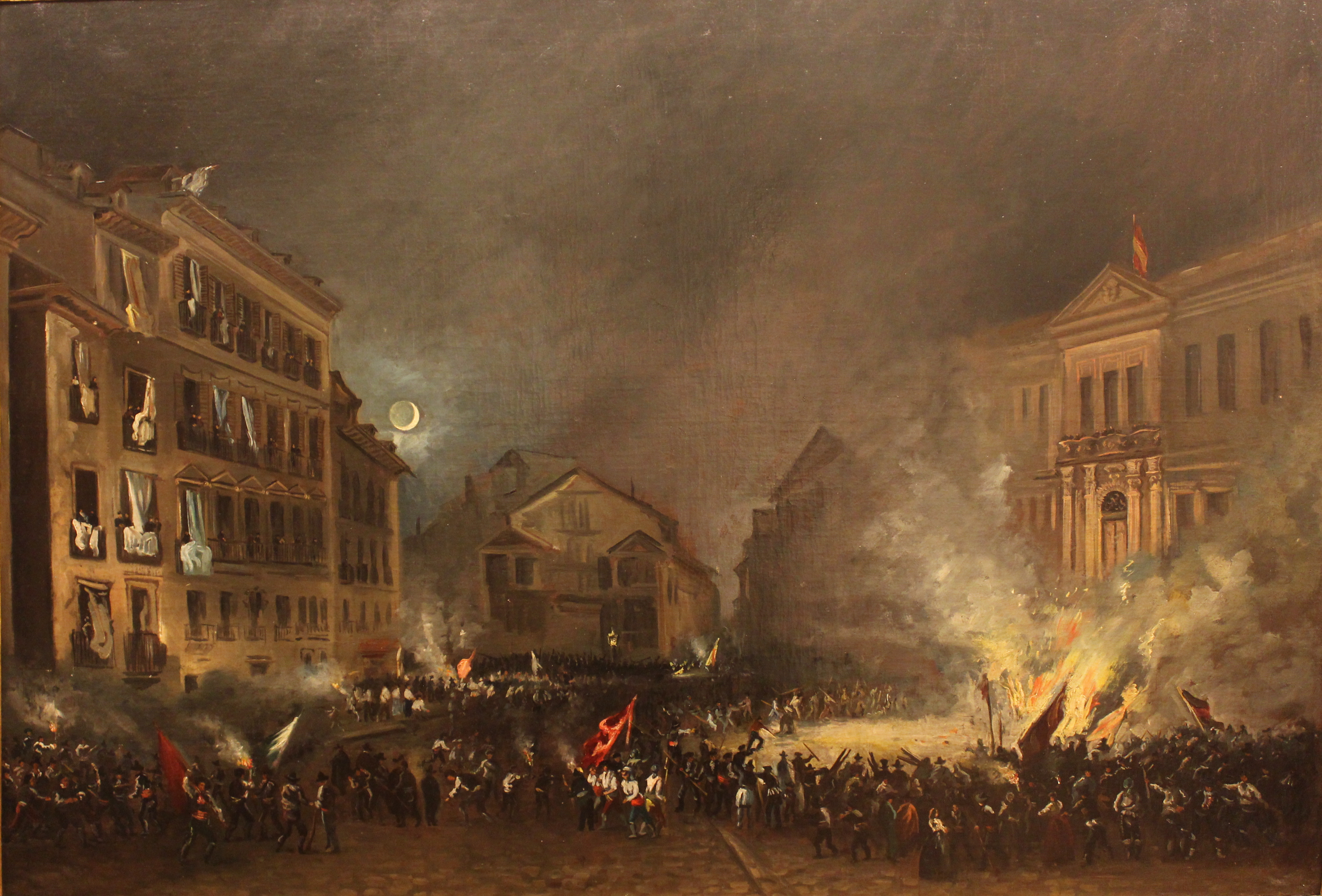 The Spanish Revolution of 1854 in Puerta del Sol, Madrid, one of many upheavals reflecting the political instability of 19th-century Spain.