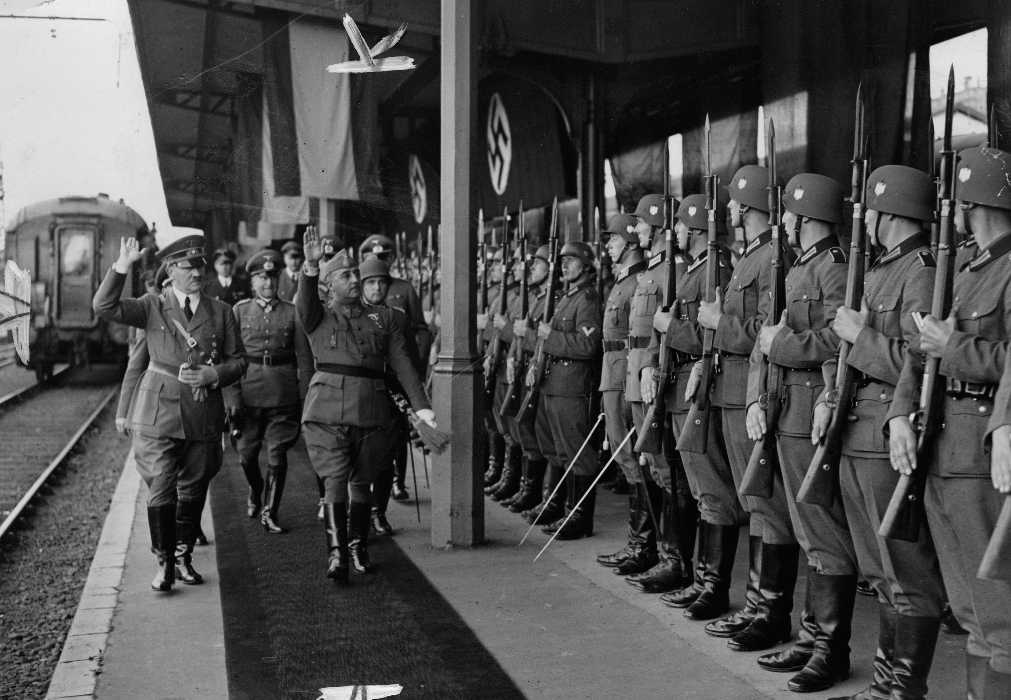 Spanish leader Francisco Franco and Adolf Hitler at the Meeting at Hendaye, 1940. Francoist Spain maintained neutrality during WWII but was sympathetic to the Axis.