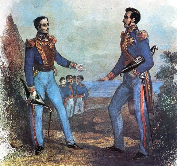 The Guayaquil Conference between José de San Martín (left) and Simón Bolívar (right), pivotal figures in South American independence.