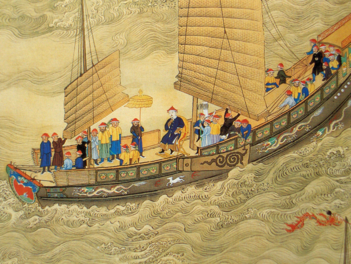 The Kangxi Emperor on a tour, seated prominently on the deck of a junk.