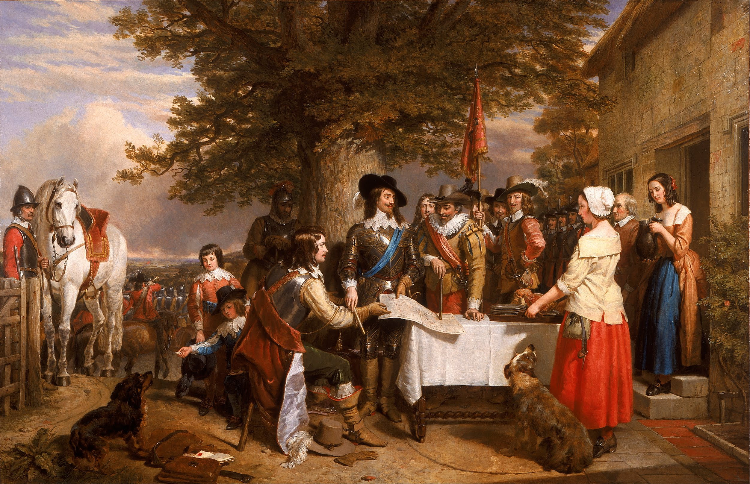 The Eve of the Battle of Edgehill của Charles Landseer, vẽ năm 1845, miêu tả Charles (trung tâm với dải lụa xanh) trước Trận Edgehill, 1642.