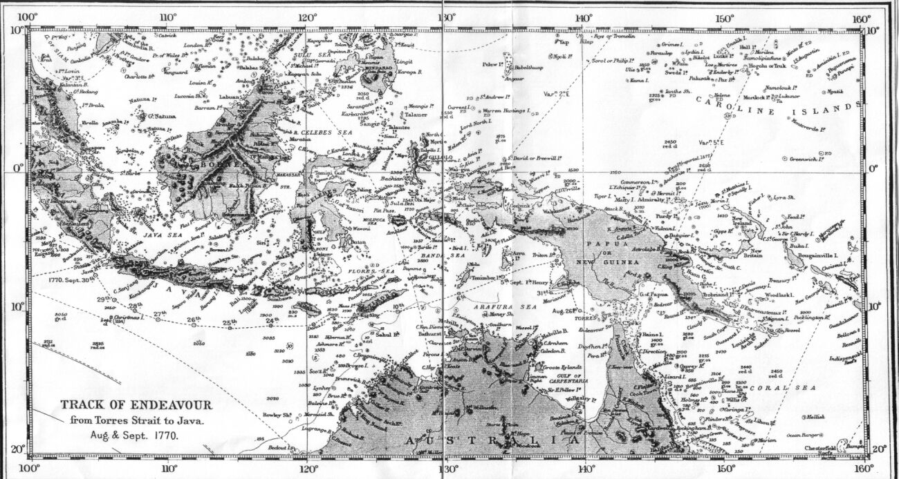 Map:A line runs from the Great Barrier Reef northward to Endeavour River and Cape York, then northwest through Torres Strait to the southern coastline of New Guinea. The line then heads west-southwest to Timor, westward parallel to but south of Java to Christmas Island, and northwest to Batavia.