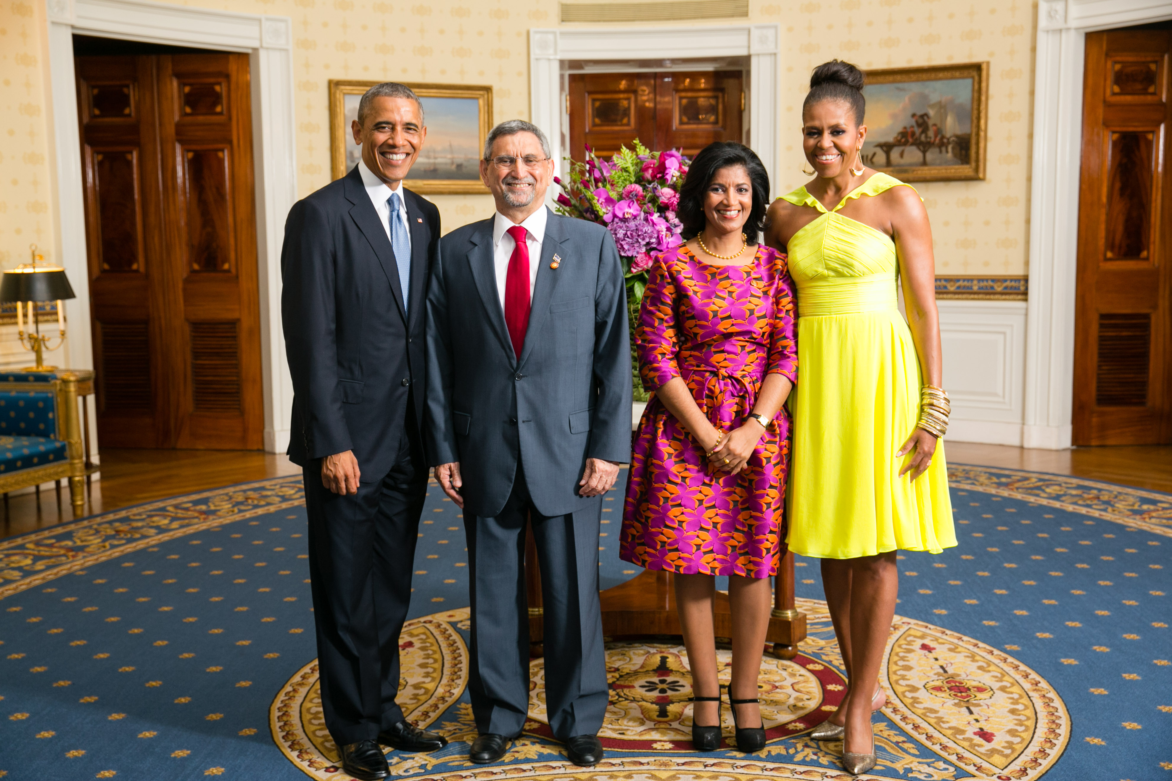 Cape Verdean President Jorge Carlos Fonseca and First Lady Lígia Fonseca with U.S. President Barack Obama and First Lady Michelle Obama in 2014, highlighting Cape Verde's stable democratic relations.