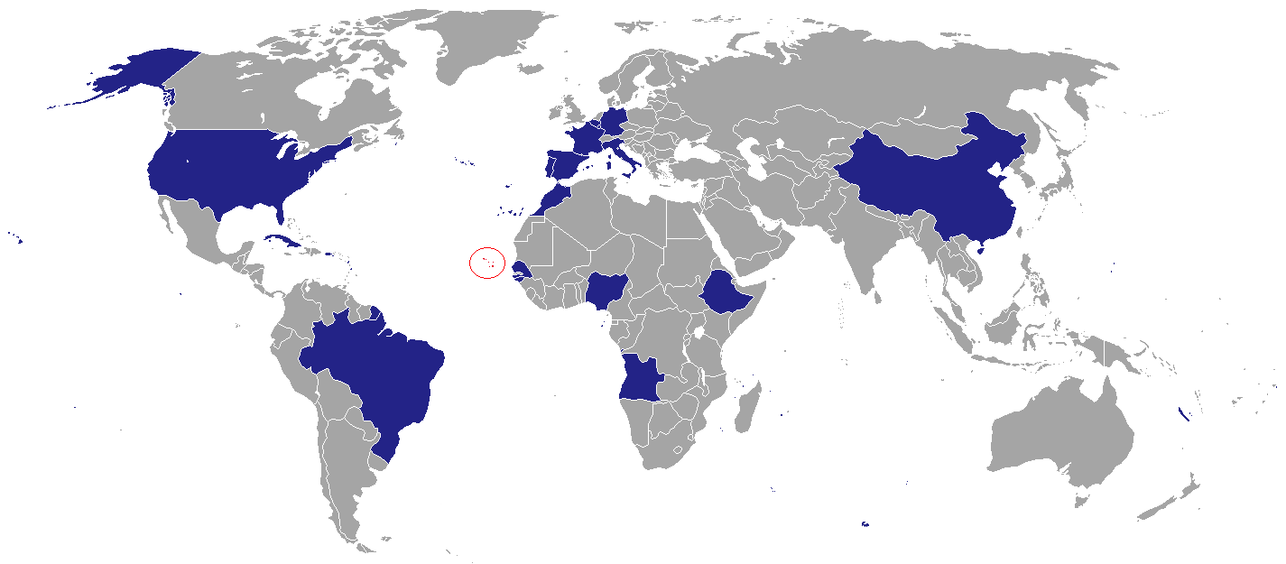 Map indicating countries with Cape Verdean embassies.