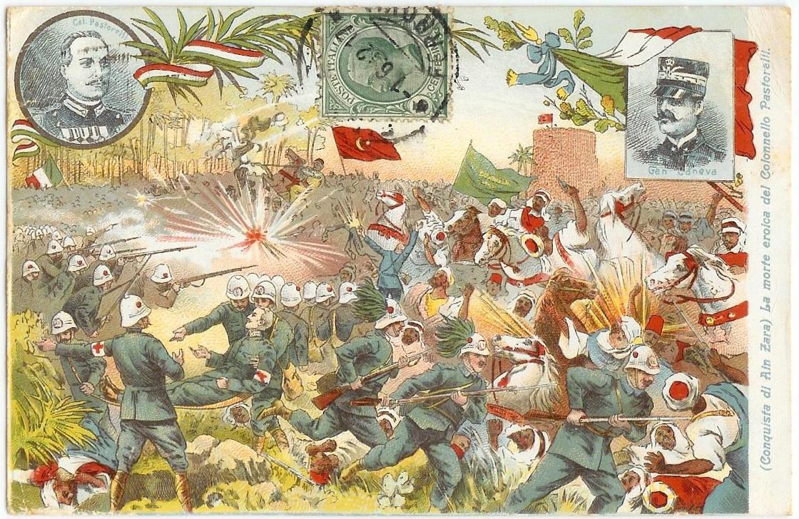 Italian propaganda postcard depicting the Italian invasion of Libya in 1911. Such materials aimed to justify the colonial enterprise to the Italian public.