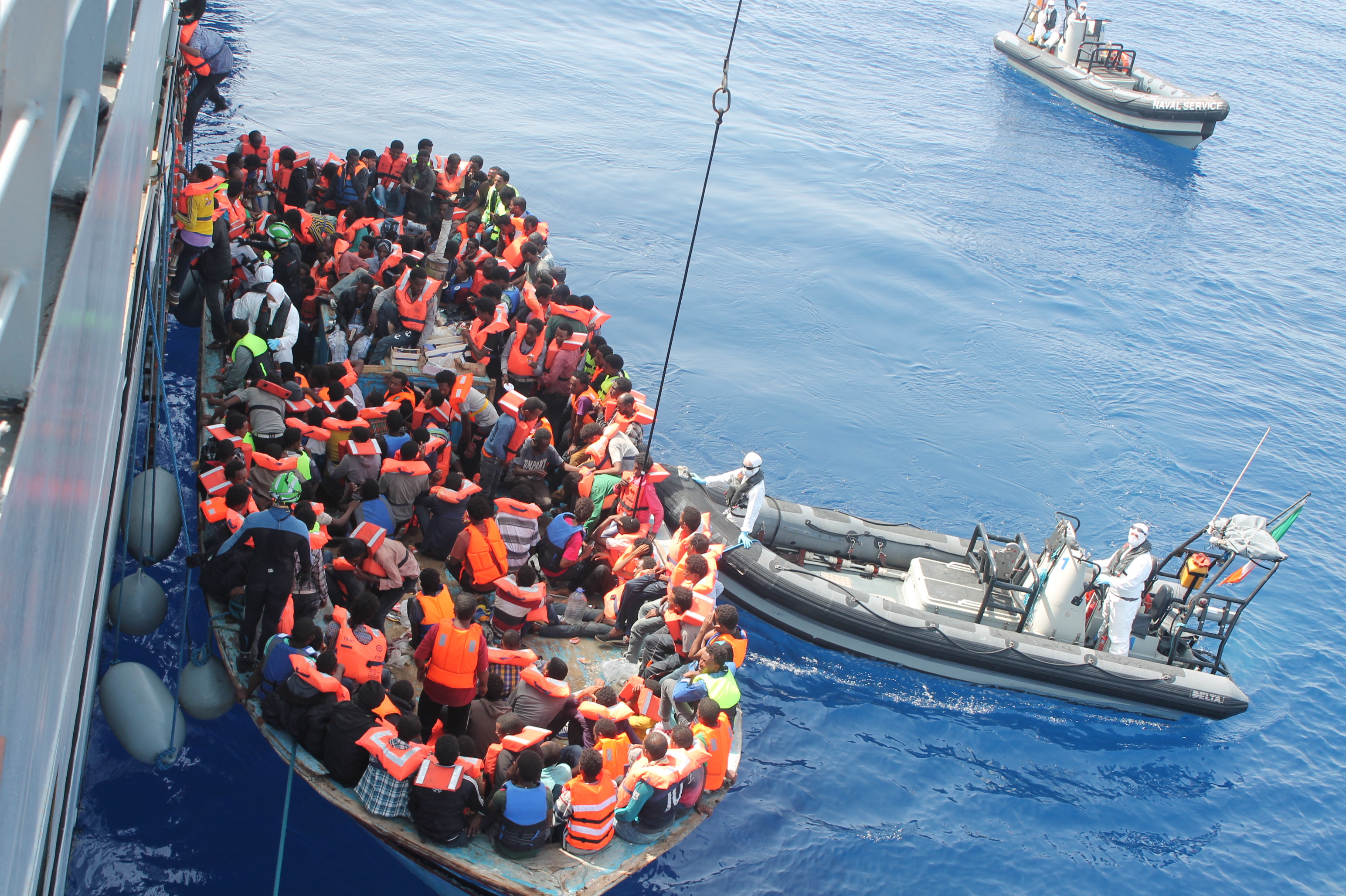 The Irish Naval Service vessel LÉ Eithne conducting rescue operations for migrants in the Mediterranean in 2015. Libya became a major transit point for people trying to reach Europe during its period of instability.