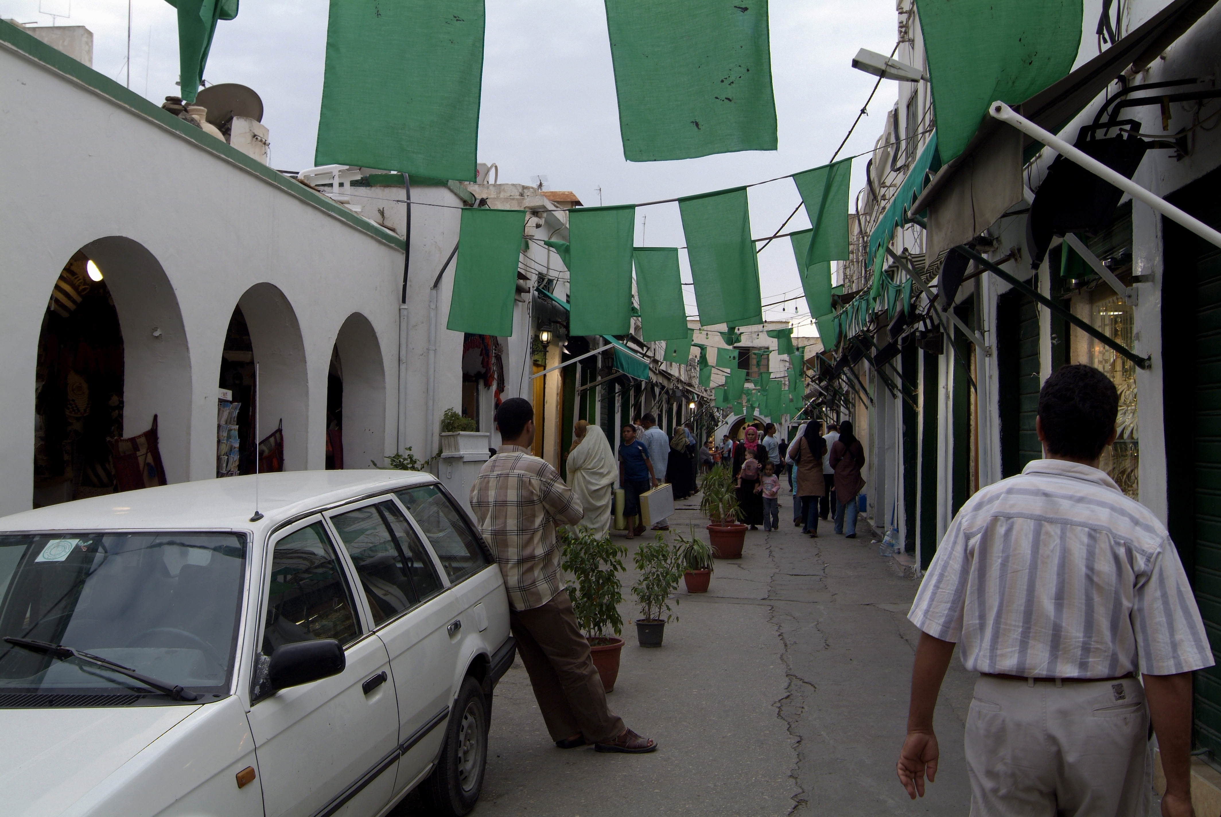 Al-Fatah Revolution day decorations in Tripoli in 2008, a period when public displays of support for the Gaddafi regime were common.
