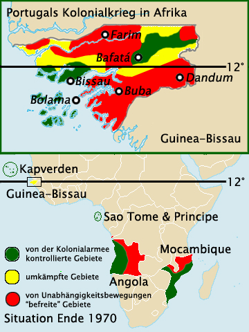 Portuguese-held (green), disputed (yellow) and rebel-held areas (red) in Portuguese-Guinea and other colonies in 1970