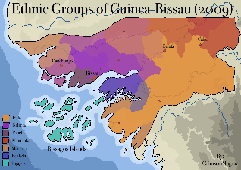 The Major Ethnic Groups of Guinea-Bissau as of 2009. All red spots excluding in the northeast are cities.