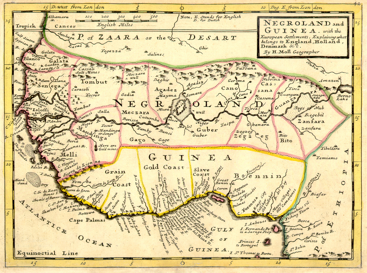 Peta Eropa tentang Afrika Barat dan Pantai Biji-bijian, 1736. Peta ini menggunakan sebutan kuno Negroland.