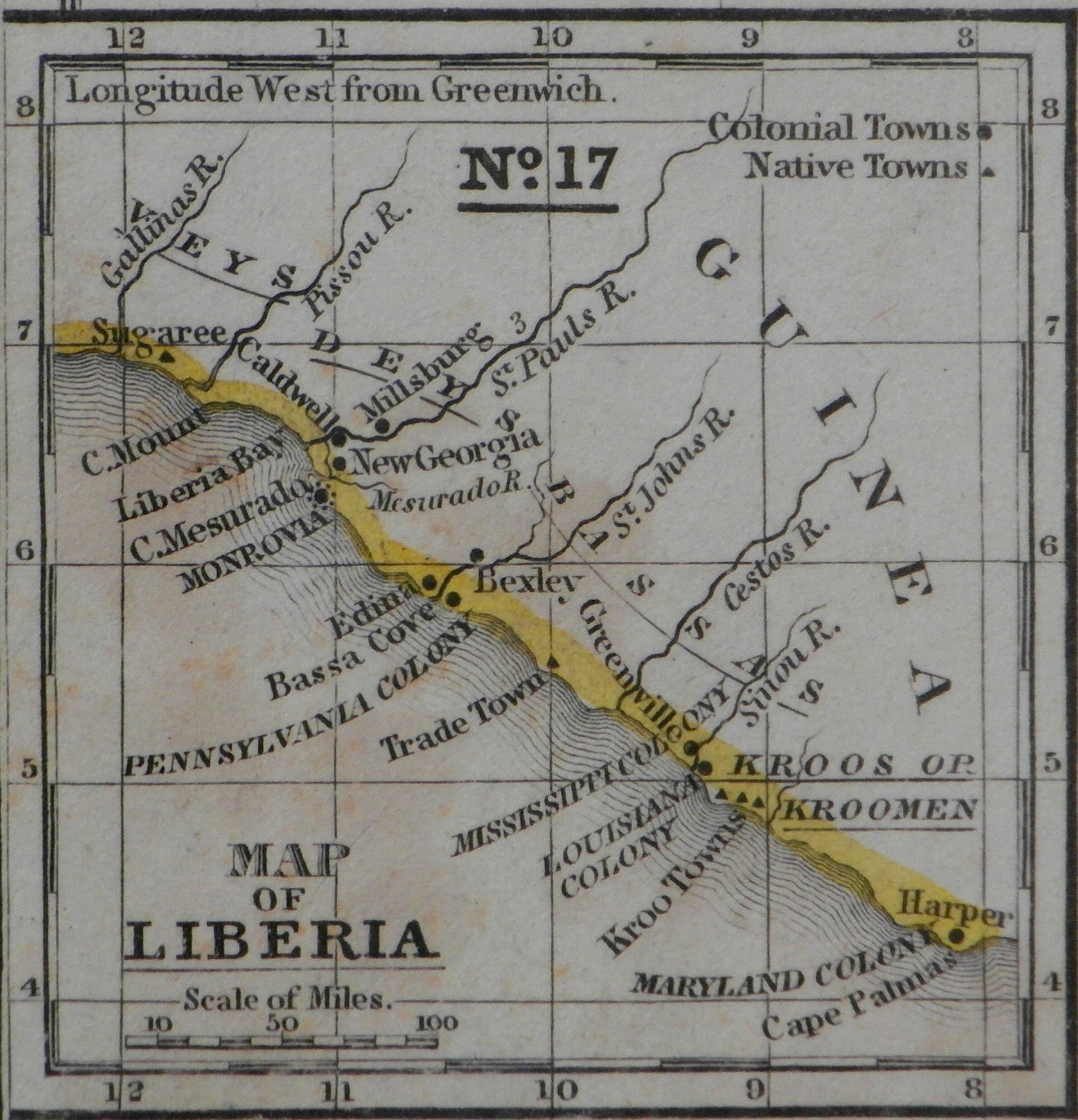 Peta Koloni Liberia pada tahun 1830-an, dibuat oleh ACS, dan juga menunjukkan Koloni Mississippi dan koloni lain yang disponsori negara bagian.