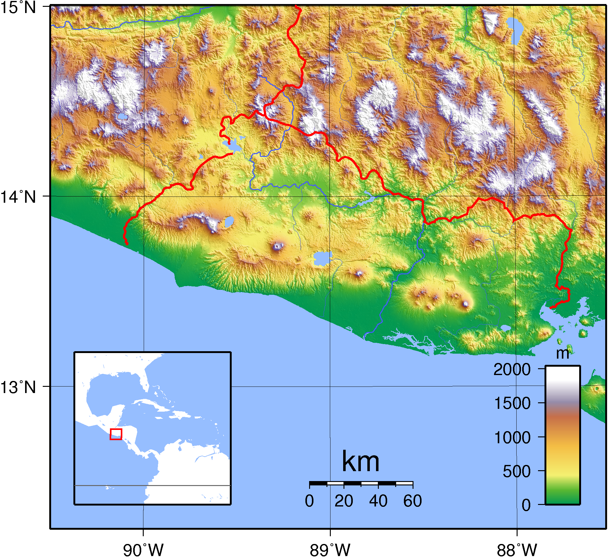 Topographic map of El Salvador, showing its mountainous terrain and coastal plain.
