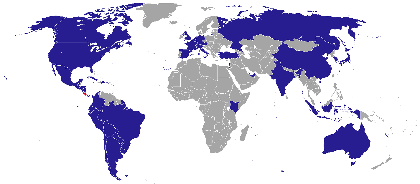 コスタリカが外交使節を派遣している諸国の一覧図。