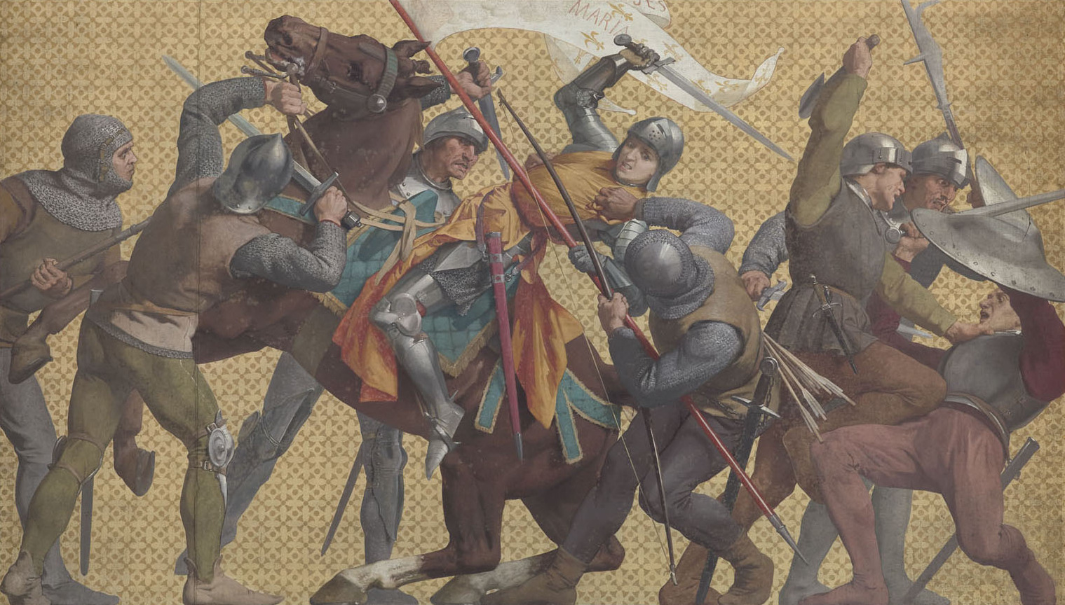 『コンピエーニュでブルゴーニュ軍に捕らえられるジャンヌ』(ジュール＝ウジェーヌ・ルネプヴー作、1886-1890年ごろ、パンテオン、パリ)