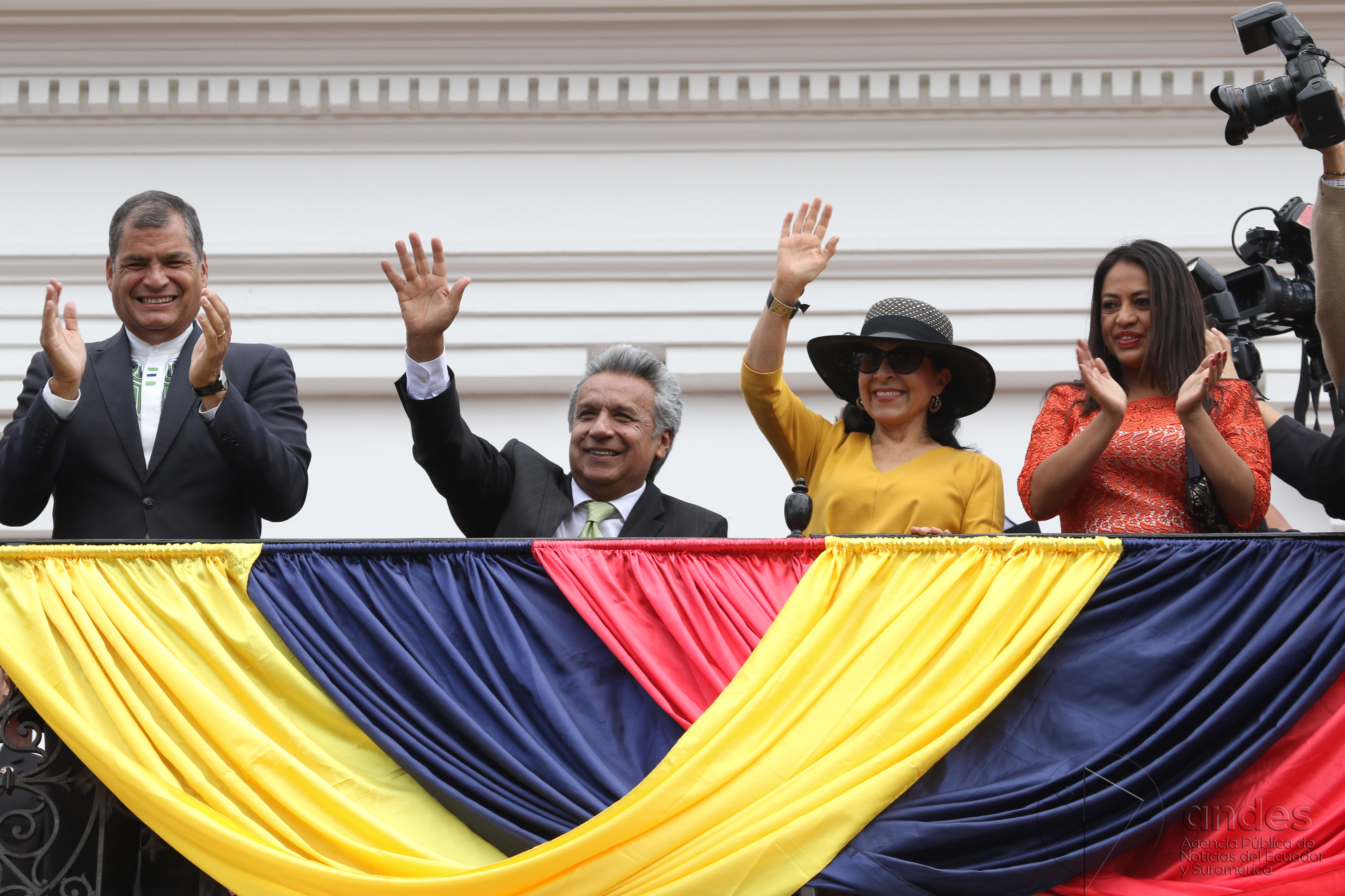 President Lenín Moreno (left), first lady Rocío González Navas, and his predecessor Rafael Correa (right), April 3, 2017.