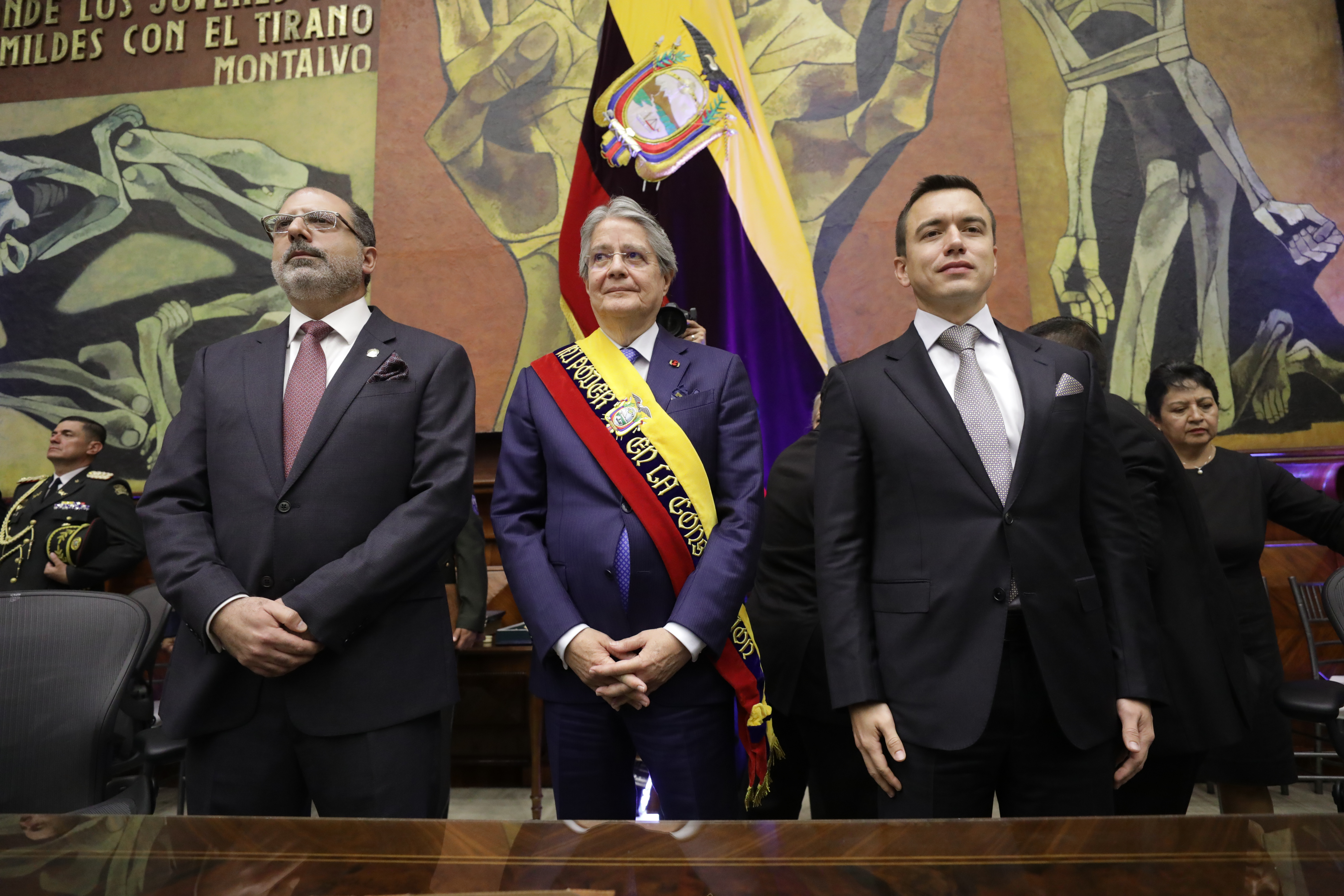 Outgoing President Guillermo Lasso (center) with President-elect Daniel Noboa (right) at the latter's inauguration in November 2023.