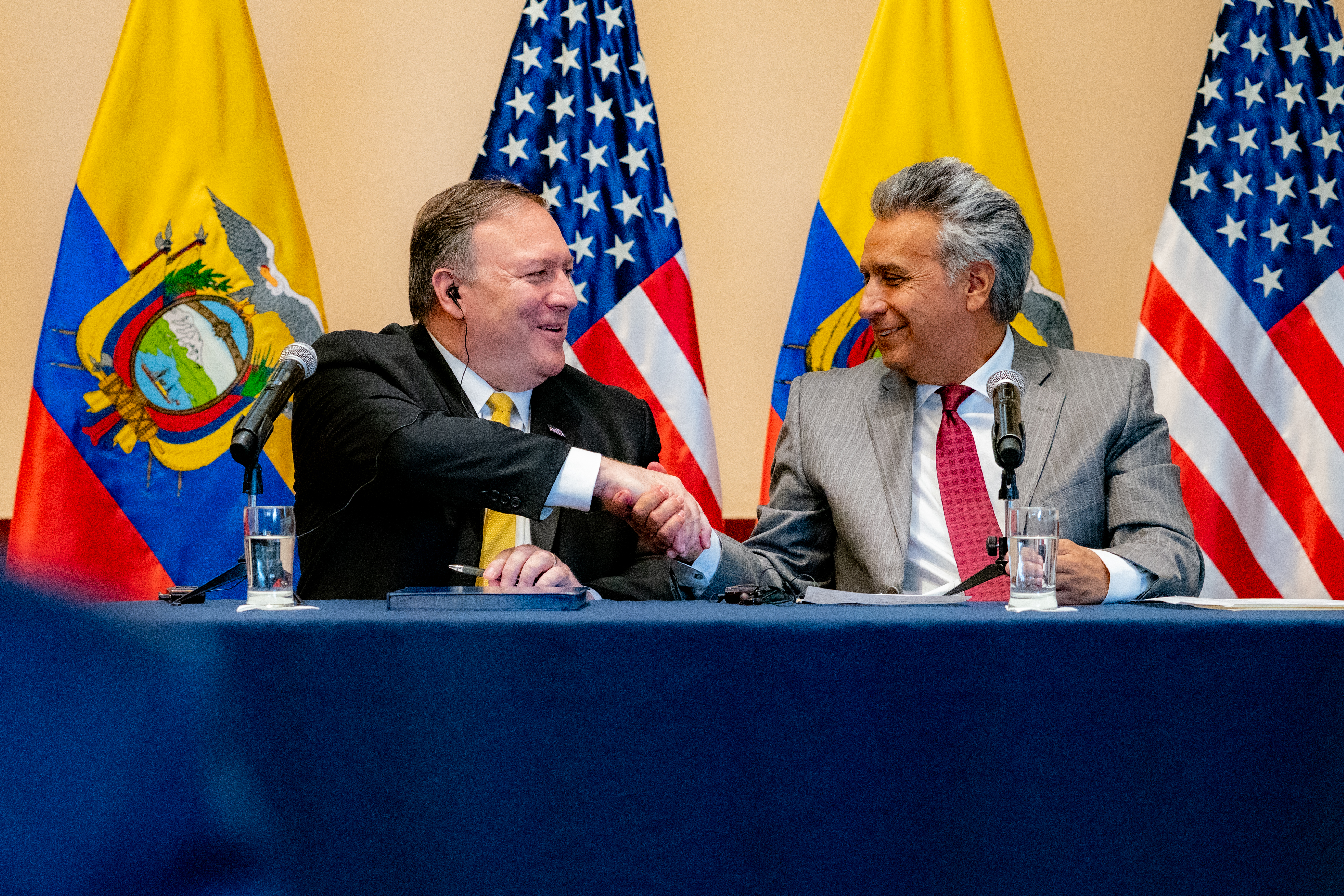 Ecuadorian President Lenín Moreno with U.S. Secretary of State Mike Pompeo, July 20, 2019, reflecting improved U.S.-Ecuador relations during Moreno's term.