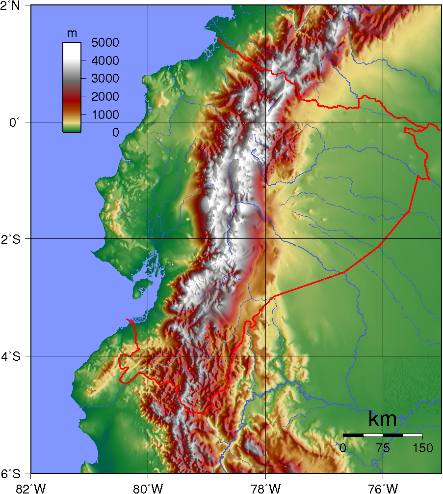 Topographic map of Ecuador, illustrating its diverse physical regions.