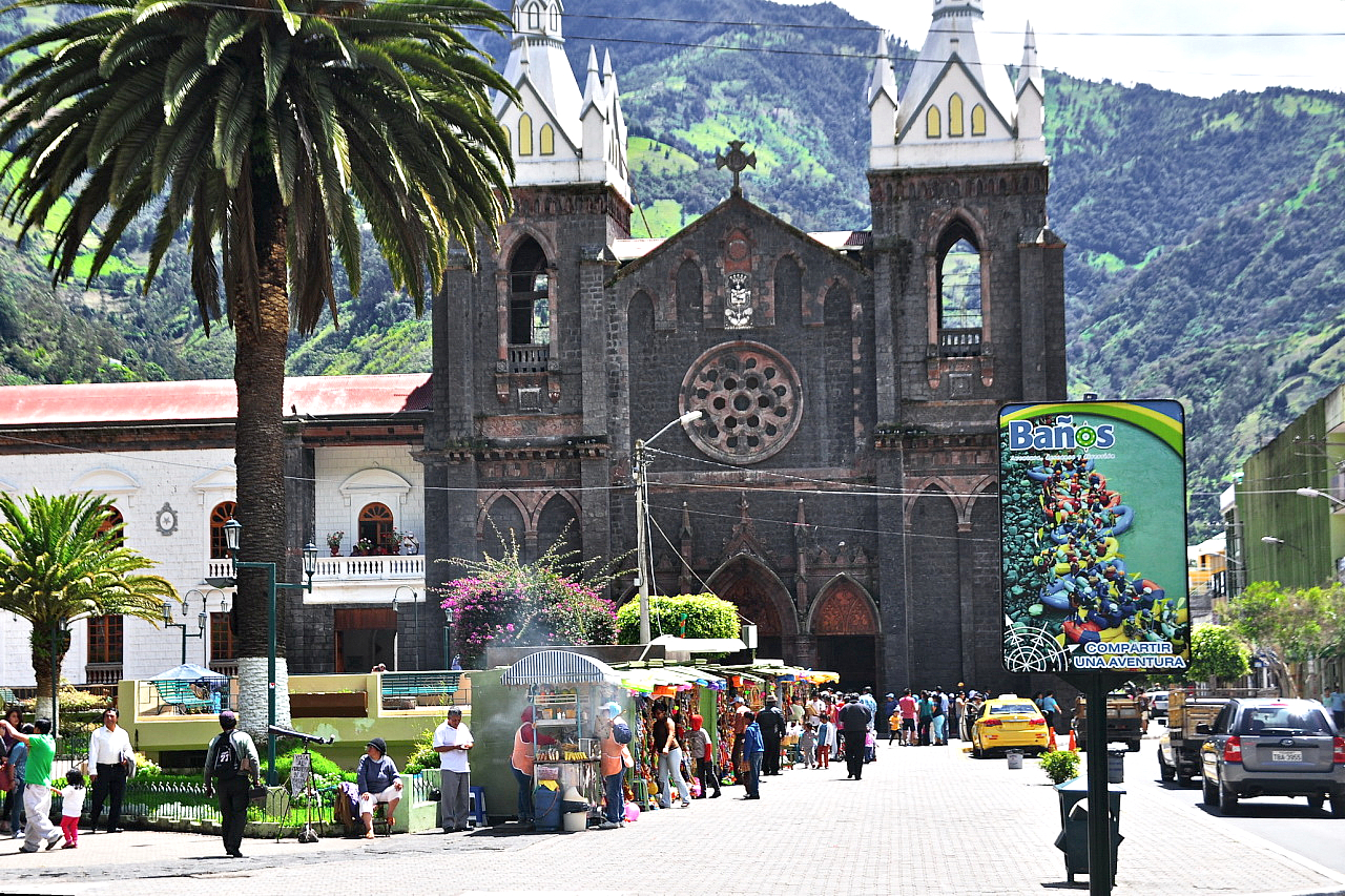 Santuario Nuestra Señora del Rosario de Agua Santa in Baños, a popular destination for adventure tourism and its hot springs.