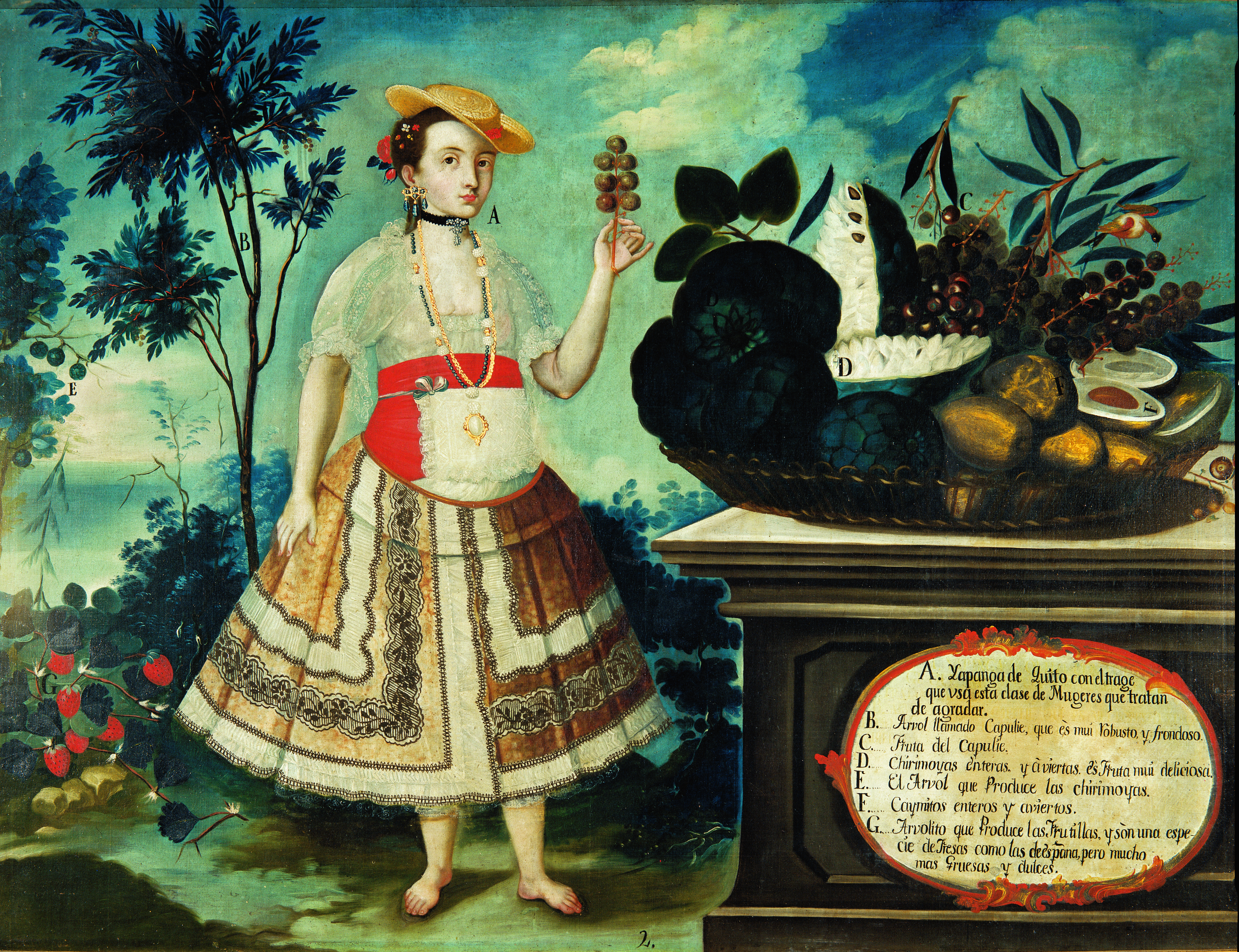 Yapanga de Quito, a 1783 painting by Vicente Albán of the Quito School, depicting a woman in traditional attire. Museo de América, Madrid.