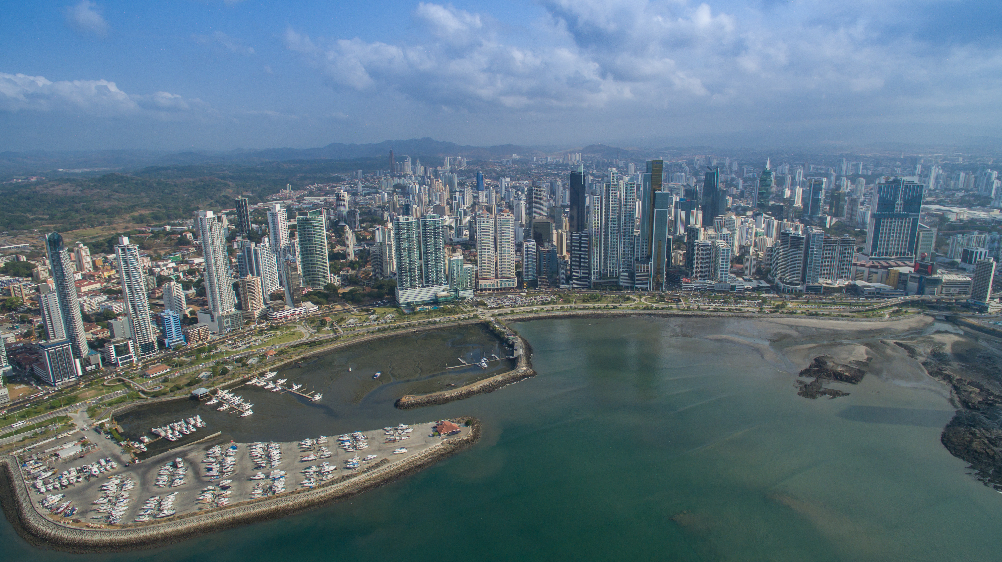The modern skyline of Panama City, the nation's capital and largest urban center.