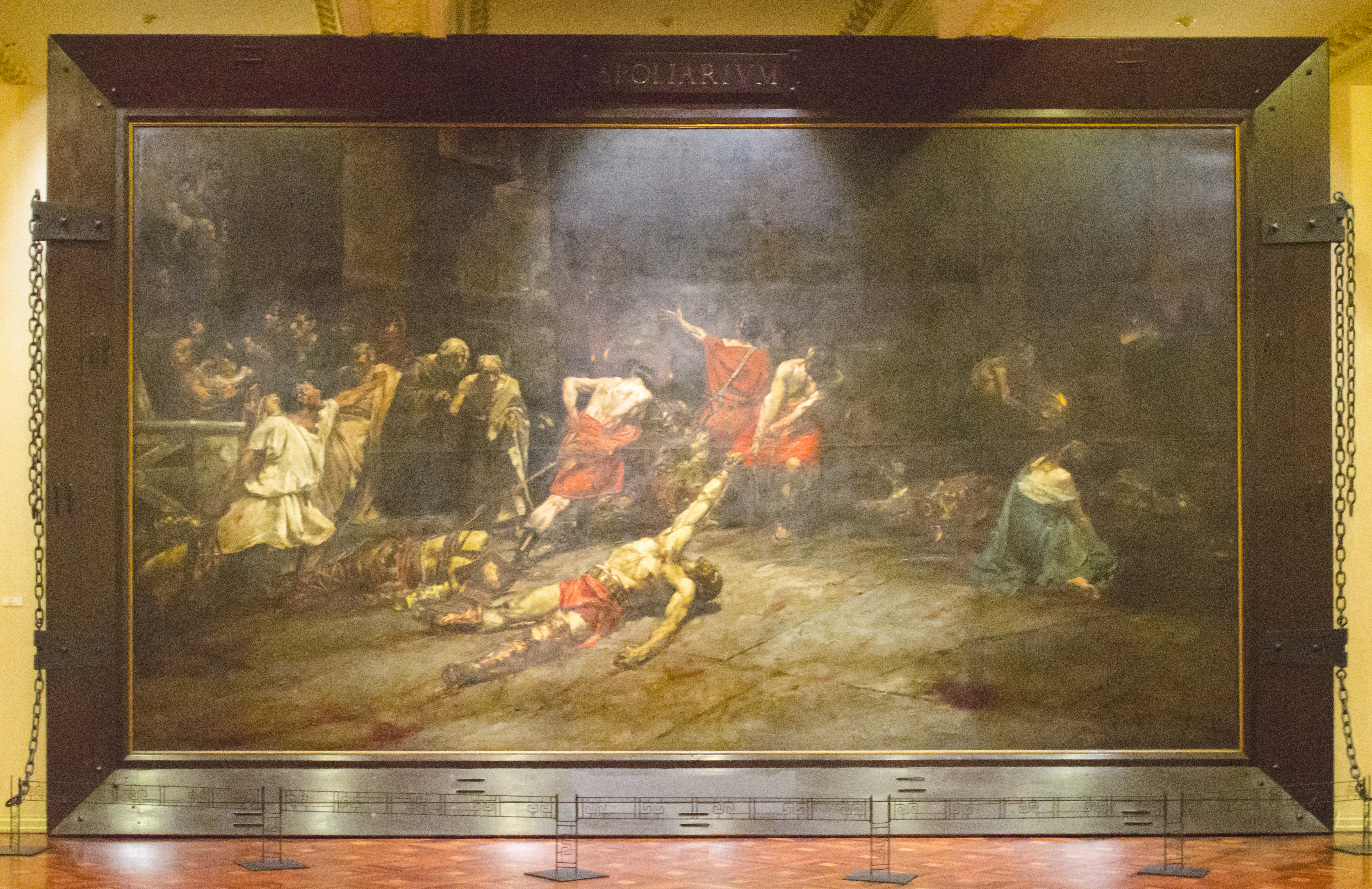 Juan Luna's Spoliarium (1884), a monumental painting depicting dying gladiators, is displayed at the National Museum of Fine Arts in Manila. It is a significant work in Philippine art history.
