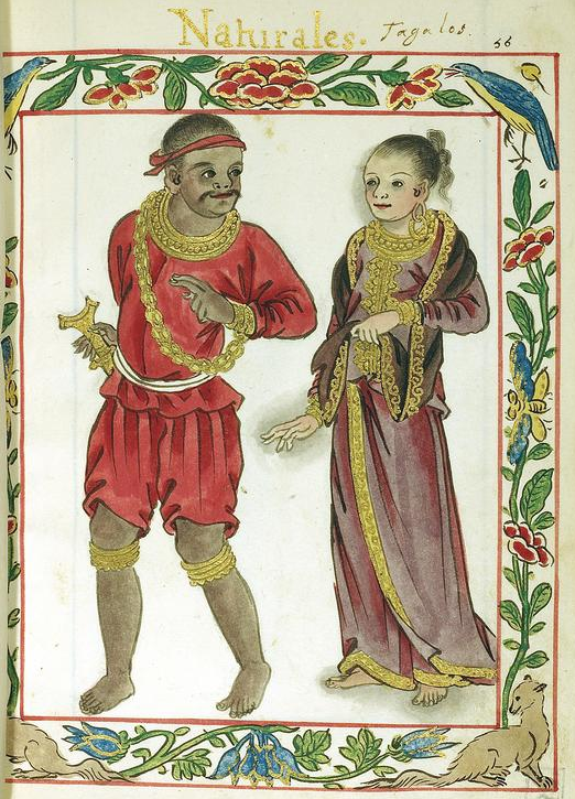 A Visayan couple of the kadatuan (noble) class depicted in the Boxer Codex (c. 1590), adorned with gold jewelry.