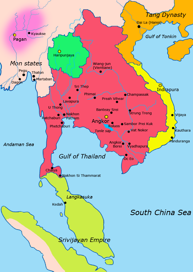 900年頃のクメール王朝の版図(赤色)