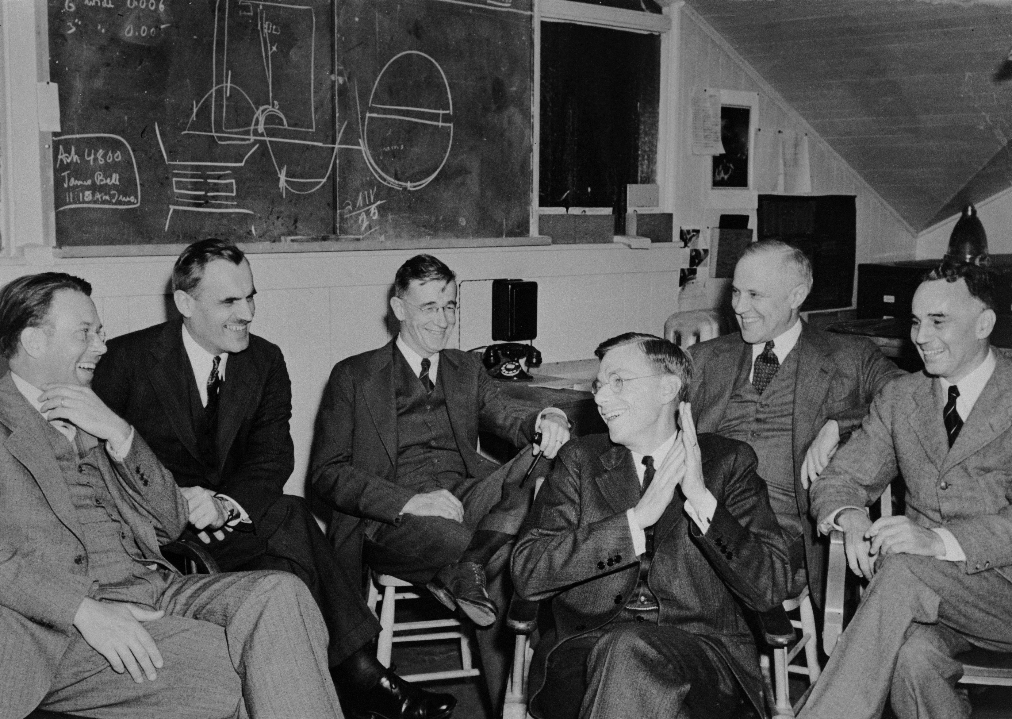 Meeting at Berkeley in 1940 concerning the planned 184 in cyclotron: Lawrence, Arthur Compton, Vannevar Bush, James B. Conant, Karl T. Compton, and Alfred Lee Loomis.