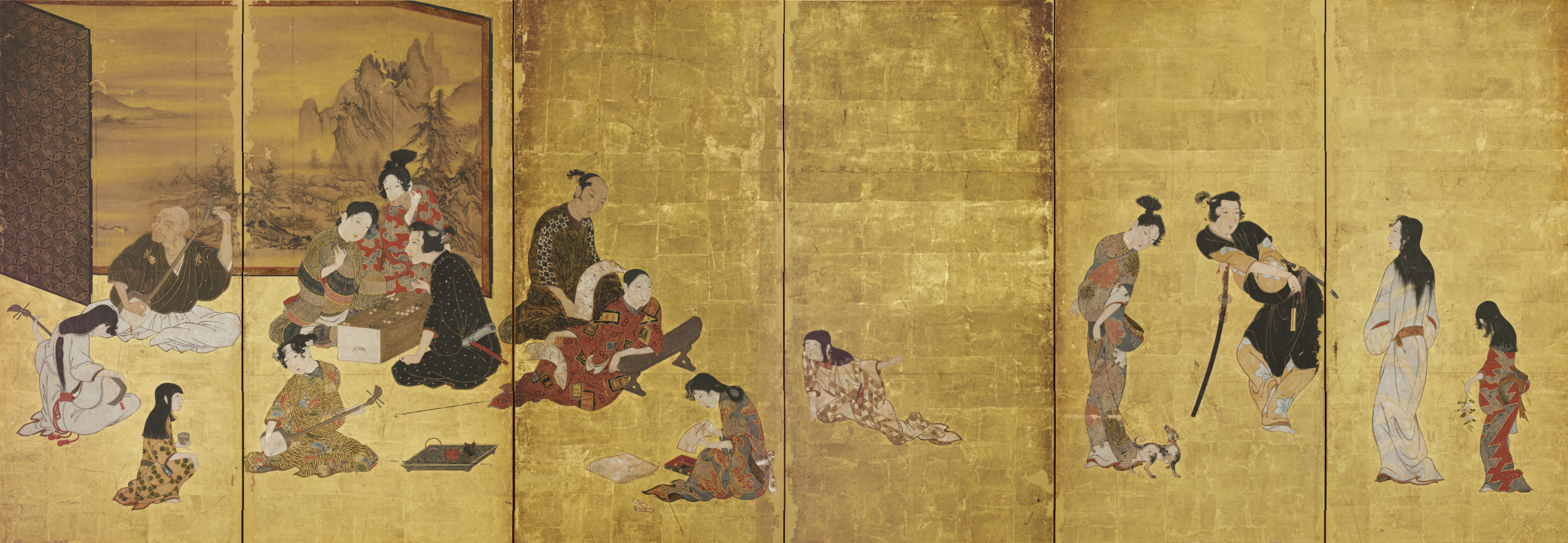 공원 같은 곳에서 사람들이 풍경을 감상하는 모습을 묘사한 6폭 병풍 그림.