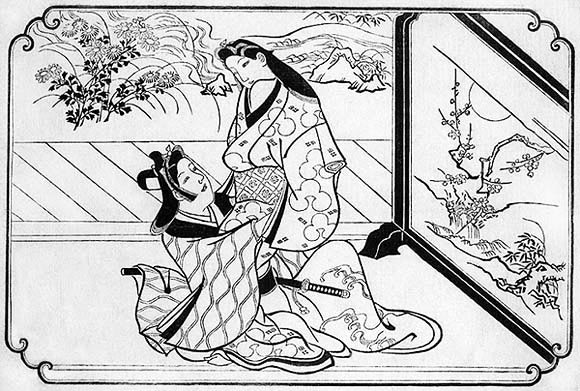화려한 의상을 입고 노는 연인 한 쌍의 흑백 그림