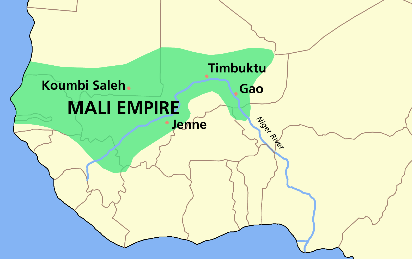 Bản đồ Đế quốc Mali vào thời kỳ đỉnh cao. Tên gọi Mali hiện đại bắt nguồn từ đế quốc này.