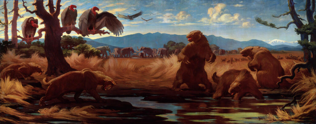 화가 찰스 R. 나이트가 그린 라브레아 타르 웅덩이의 동물들