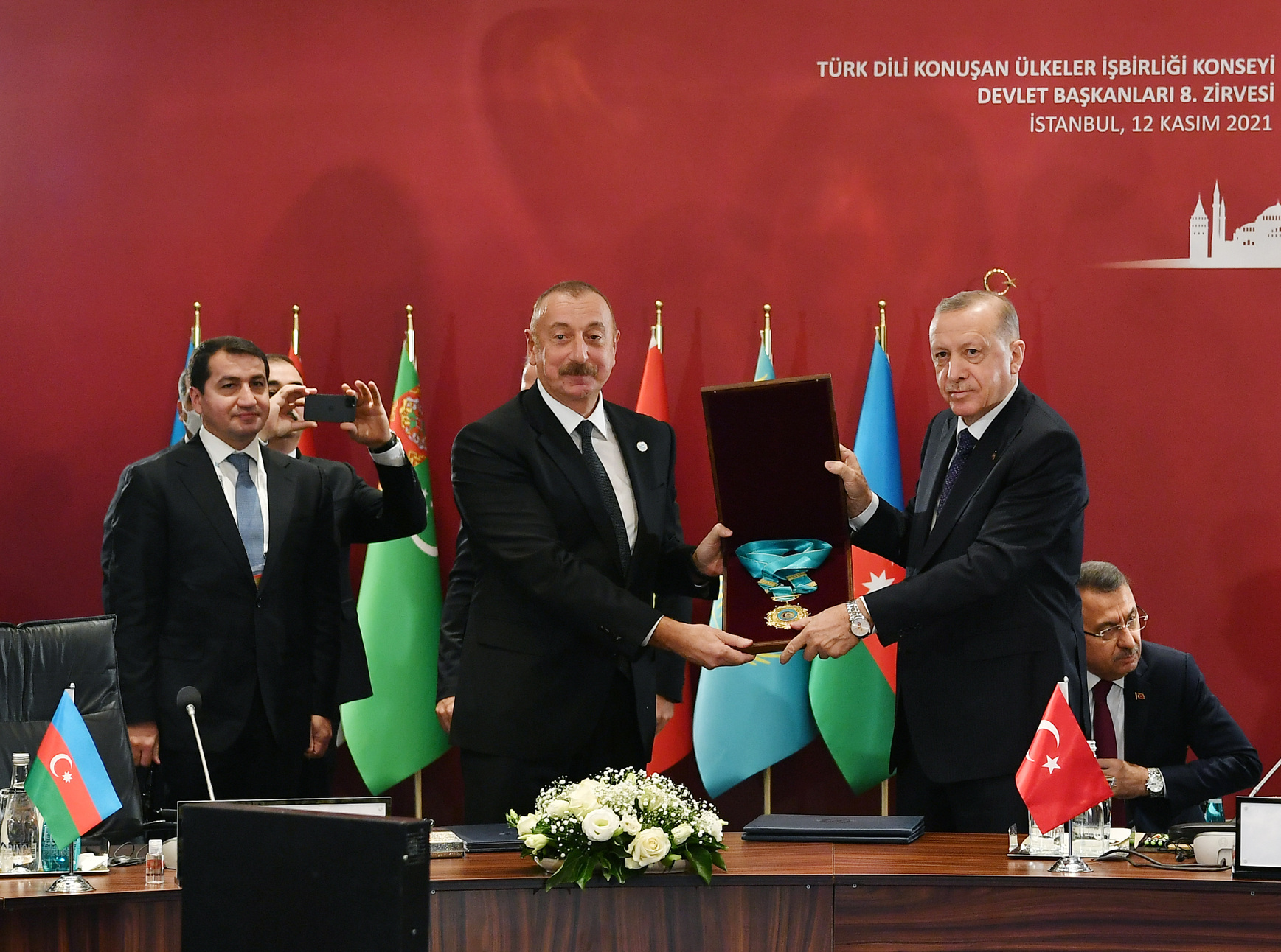 President İlham Aliyev receiving the Supreme Order of the Turkic World from Turkish President Recep Tayyip Erdoğan during the 8th summit of the Organization of Turkic States in Istanbul, Turkey, November 12, 2021.
