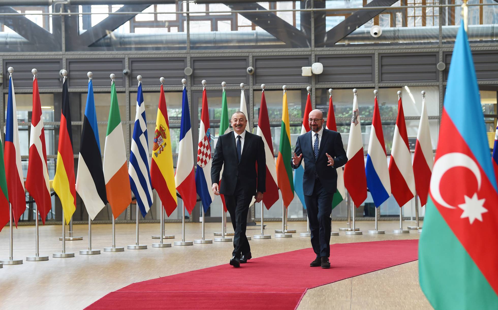 President Ilham Aliyev and President of the European Council Charles Michel in Brussels, Belgium, April 6, 2022, discussing regional stability and EU-Azerbaijan relations.