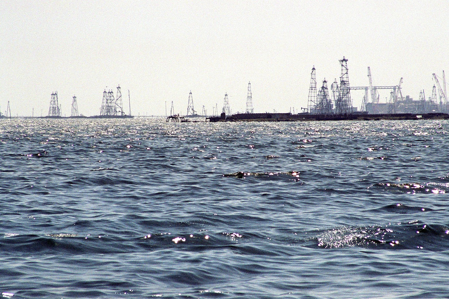 Oil Rocks (Neft Daşları) near Baku, an early offshore oil platform complex in the Caspian Sea.